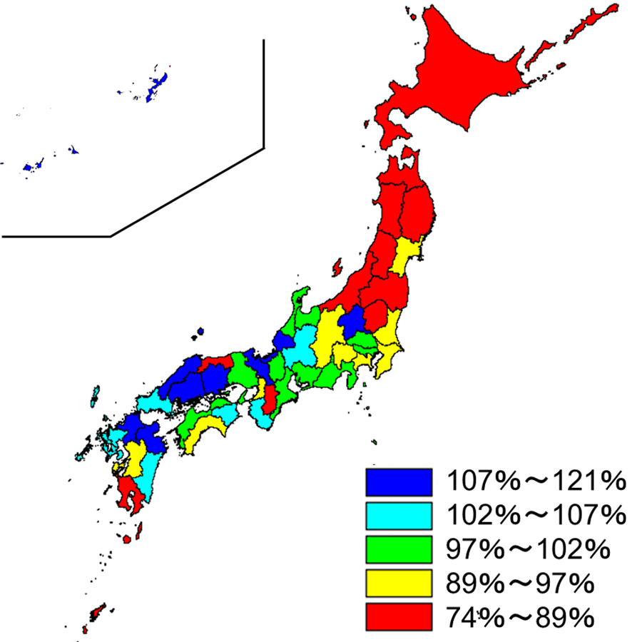 2000～2019年都道府県別高校野球部員数増減率