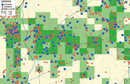 図2：昼夜間人口分布図と自社自販機の分布状況