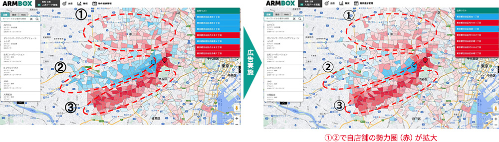 ArmBoxを使用した2枚の地図上での人流データ比較。左の図はプロモーション前、右の図はプロモーション中の人流の変動を示しており、数字で注釈されたエリアには特に注目が集まり、販売促進の効果が可視化されています。