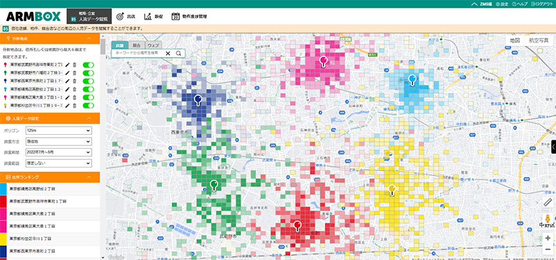 ArmBoxを使用して、新規出店の余地を可視化する地図。複数色で示された地域別の人流密度が、潜在的な顧客が多い地域を特定し、新規出店の最適なロケーションを選定するのに役立っています。
