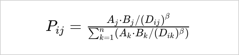 複数の要因を考慮したハフモデルの数式。選択確率P𝑖𝑗を示すもので、施設の魅力度𝐴𝑗と補正係数B𝑗を掛け合わせ、それを距離𝐷𝑖𝑗のベータ乗で割ったものを、全施設に対して計算し、その合計で割る形になっている。