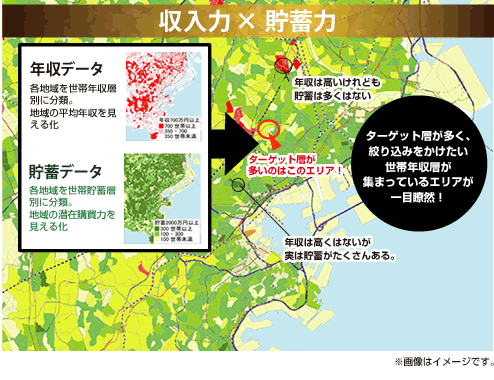 ターゲット層が多く、絞り込みをかけたい世帯年収層が集まっているエリアが一目瞭然！