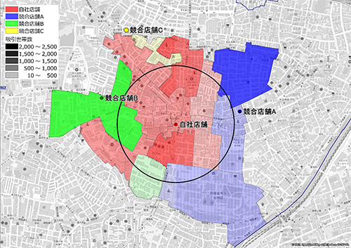 自社店舗と競合店舗の影響範囲を示した地図。地図上には自社店舗と3つの競合店舗（競合店舗A、B、C）が示され、それぞれの店舗周辺には異なる色で商圏が表示されている。自社店舗の商圏は赤色で、競合店舗Aは青色、競合店舗Bは緑色、競合店舗Cは黄色で示されている。地図には吸引世帯数の分布も表示されており、色の濃淡で吸引力の強さが表現されている。黒い円は自社店舗の主要商圏を示し、競合店舗との関係が視覚化されている。