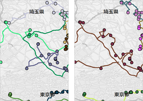 埼玉県と東京都を中心としたエリアの配送ルートを示す2つの地図。左側の地図では、異なる色の線で示された配送ルートが描かれており、各ルートに沿って複数の配送ポイントが配置されています。右側の地図も同様に異なる色の線でルートが示されていますが、ルートの色やポイントの配置が異なっており、比較することで異なる配送シナリオを視覚的に理解できるようになっています。