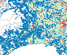 国勢調査及び経済センサスの結果から推計された、昼間人口、昼間人口当たりの事業所数などの計算指標等を収録した地域メッシュ統計です。